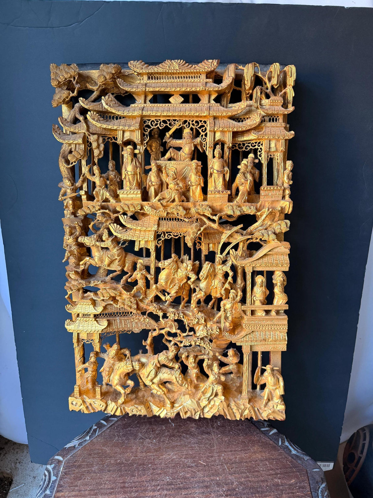 Vintage Giltwood Architectural Wall Panel Relief Carving Narrative Plaque 25"