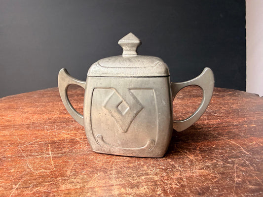 Antique Jugendstil Pewter Covered Sugar Bowl Art Nouveau Trinket Vessel 5 in