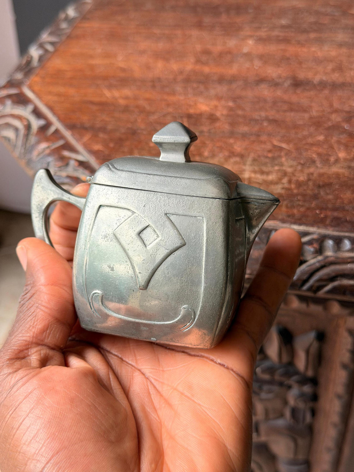 Antique Jugendstil Pewter Cream Pitcher Hinged Lid Eduard Hueck Art Nouveau