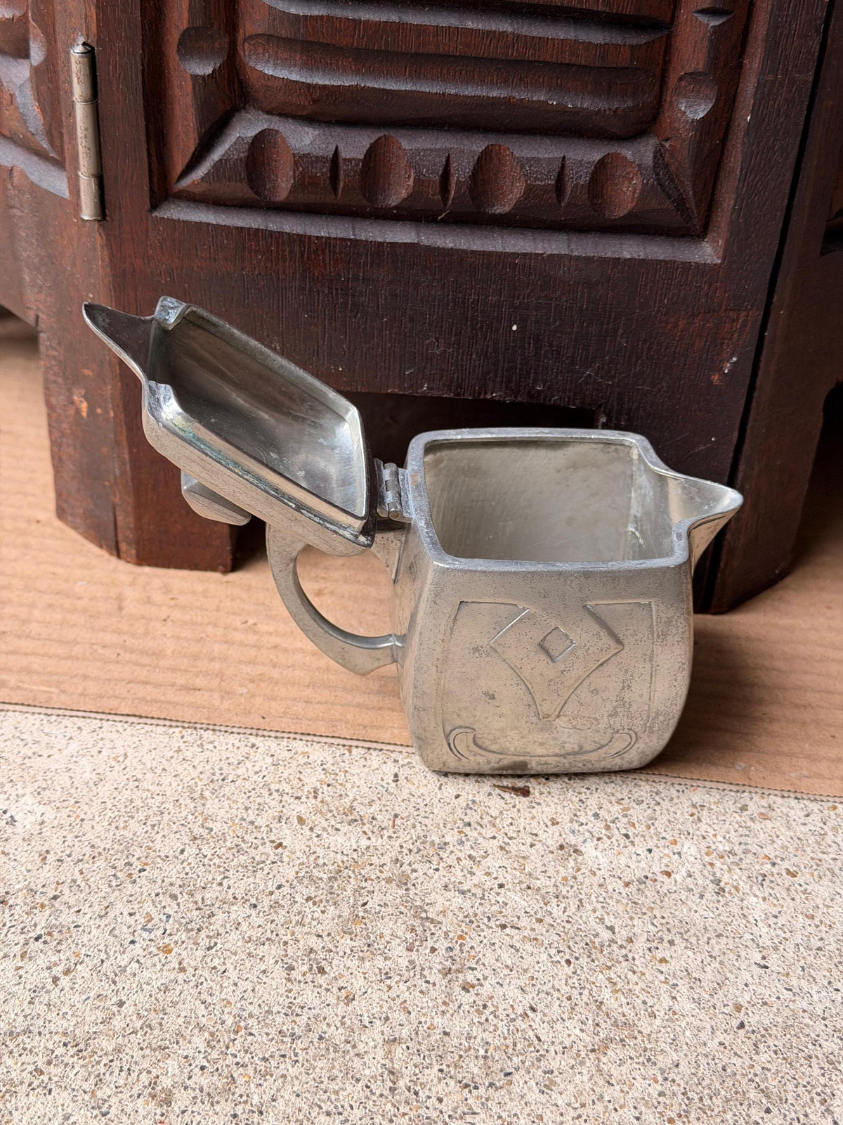 Antique Jugendstil Pewter Cream Pitcher Hinged Lid Eduard Hueck Art Nouveau