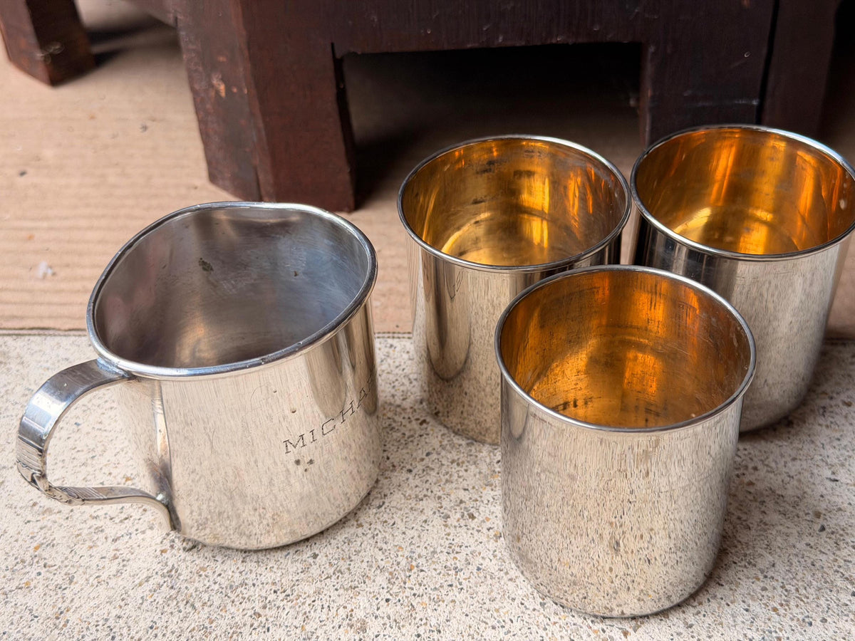 Vintage Silverplate Drinking Set Oneida Baby Cup German Gilt Shot Cups