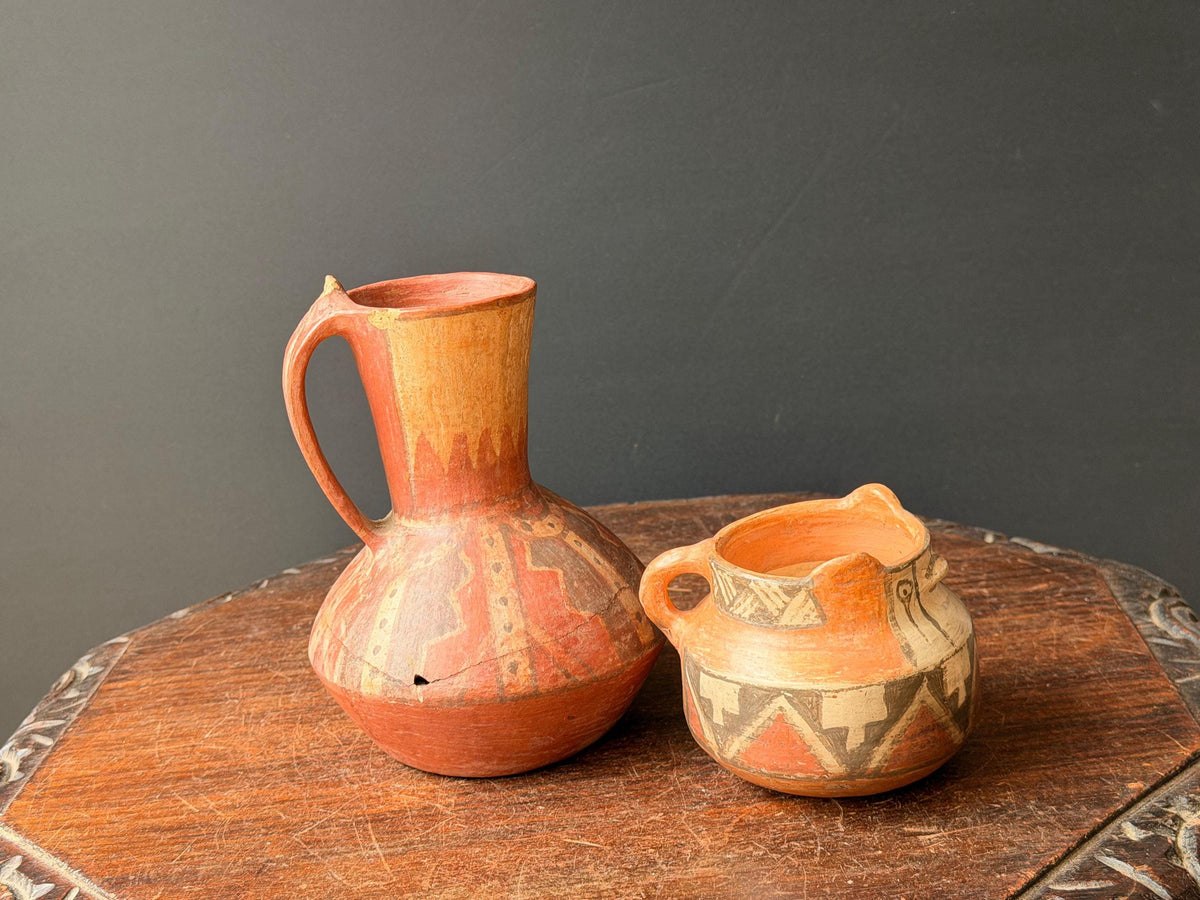 Vintage Chilean Terracotta Pitcher Pot Set Folk Art Signed Hand Painted Clay