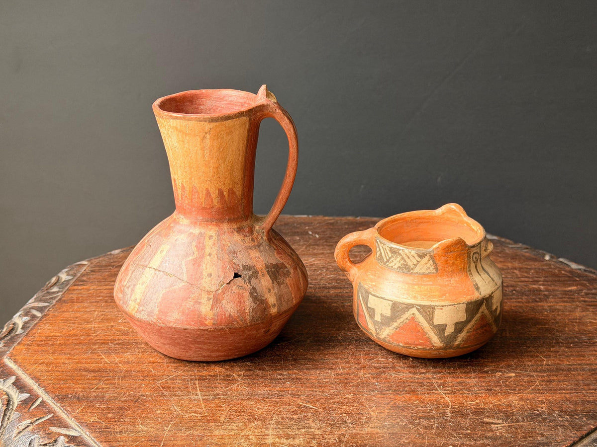 Vintage Chilean Terracotta Pitcher Pot Set Folk Art Signed Hand Painted Clay
