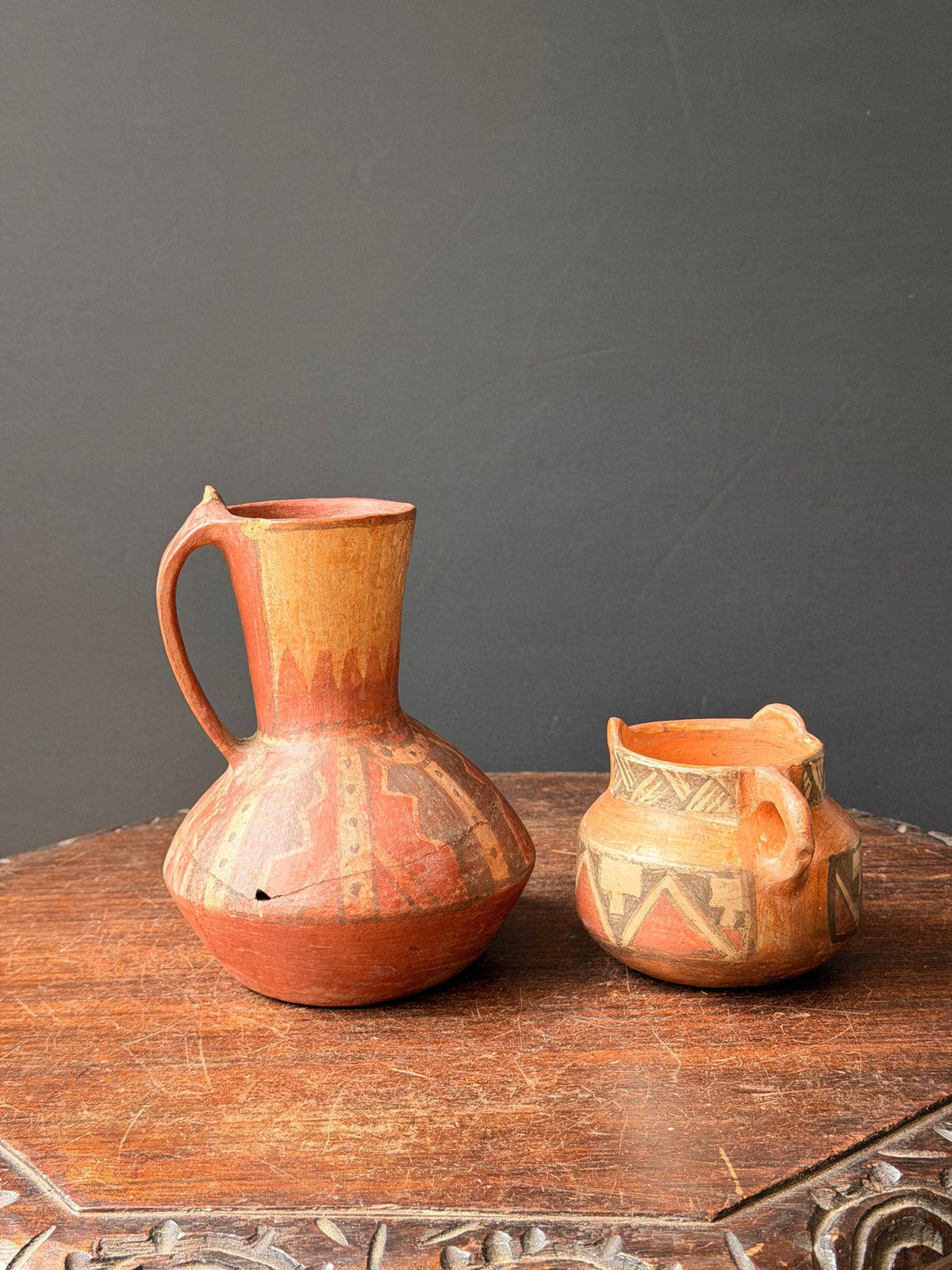 Vintage Chilean Terracotta Pitcher Pot Set Folk Art Signed Hand Painted Clay