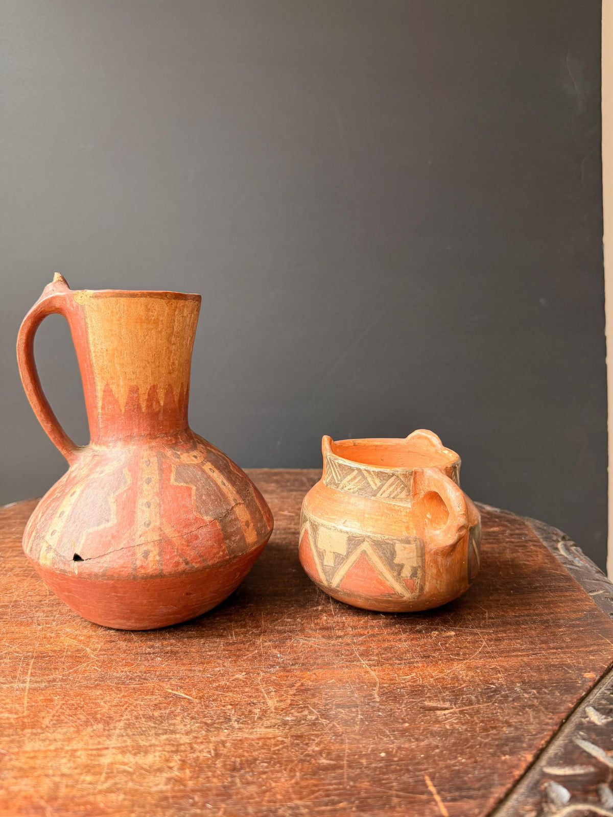 Vintage Chilean Terracotta Pitcher Pot Set Folk Art Signed Hand Painted Clay
