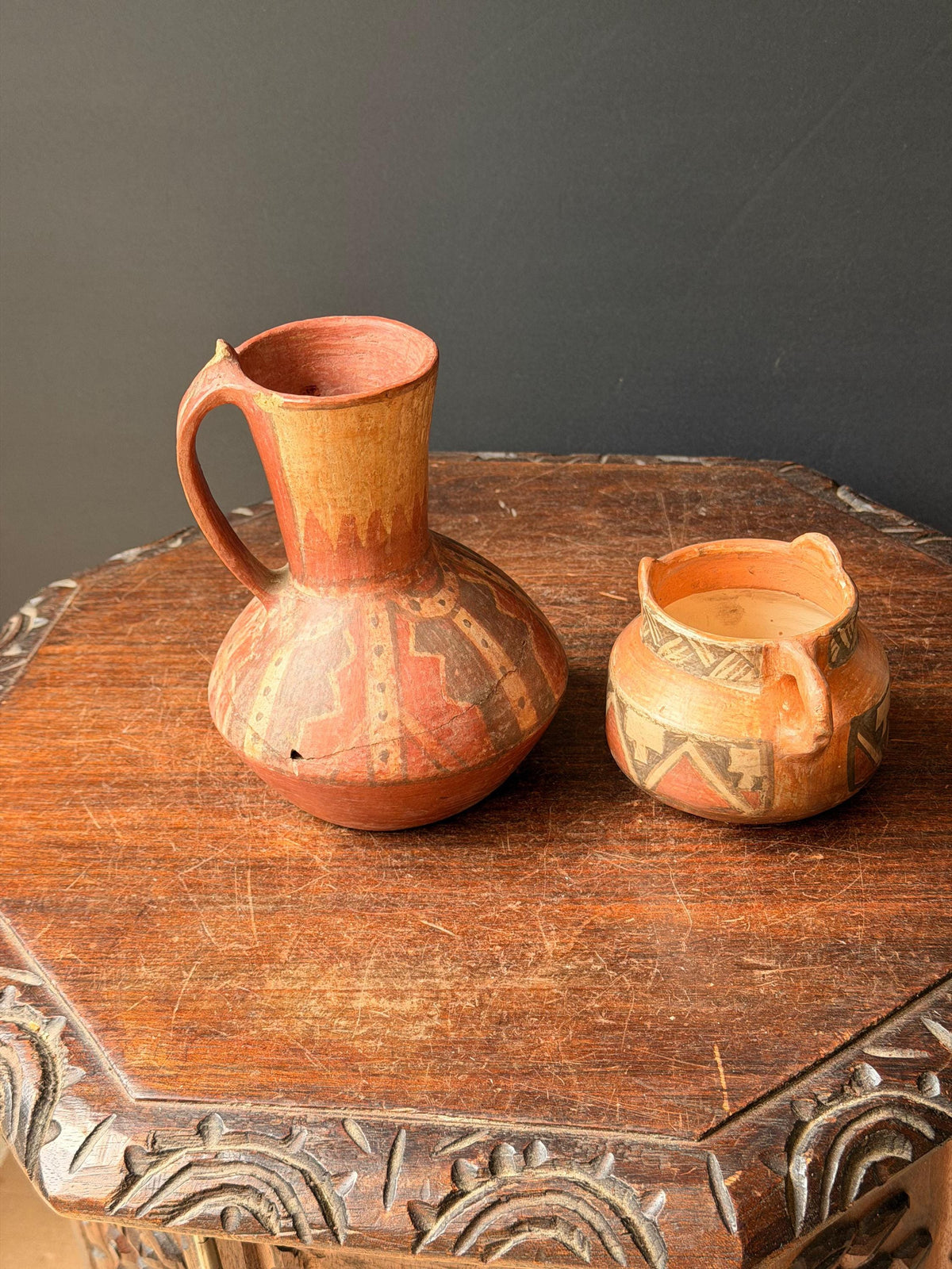 Vintage Chilean Terracotta Pitcher Pot Set Folk Art Signed Hand Painted Clay