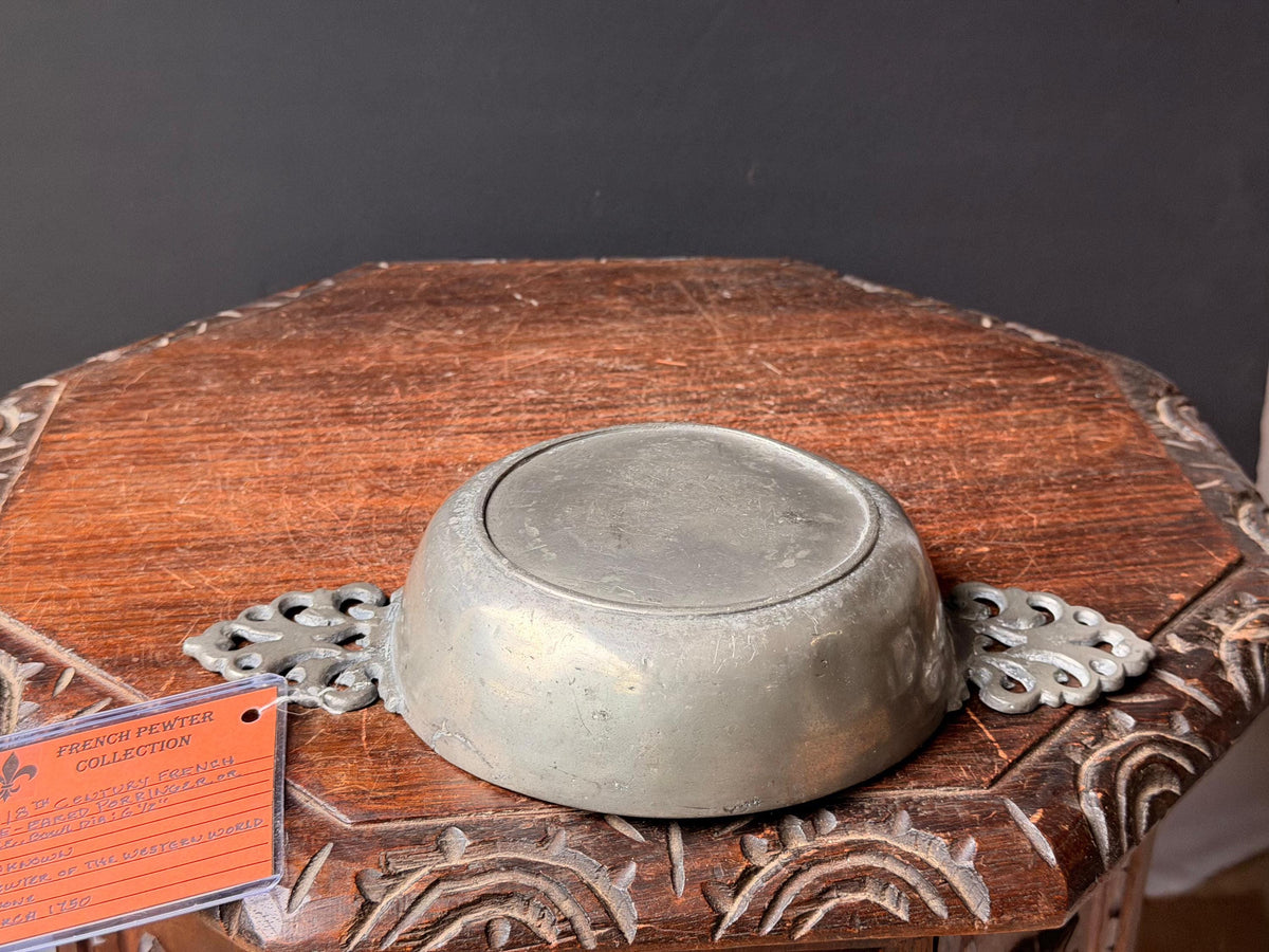 Antique 18thC French Pewter Porringer Ecuelle Pierced Ear Bowl c1750 11in