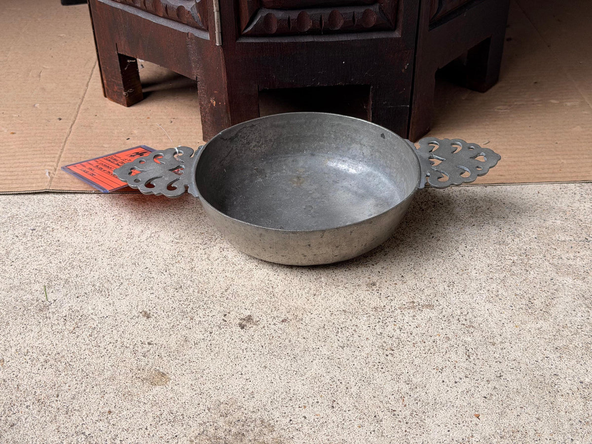 Antique 18thC French Pewter Porringer Ecuelle Pierced Ear Bowl c1750 11in