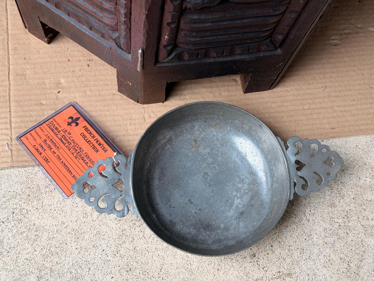 Antique 18thC French Pewter Porringer Ecuelle Pierced Ear Bowl c1750 11in