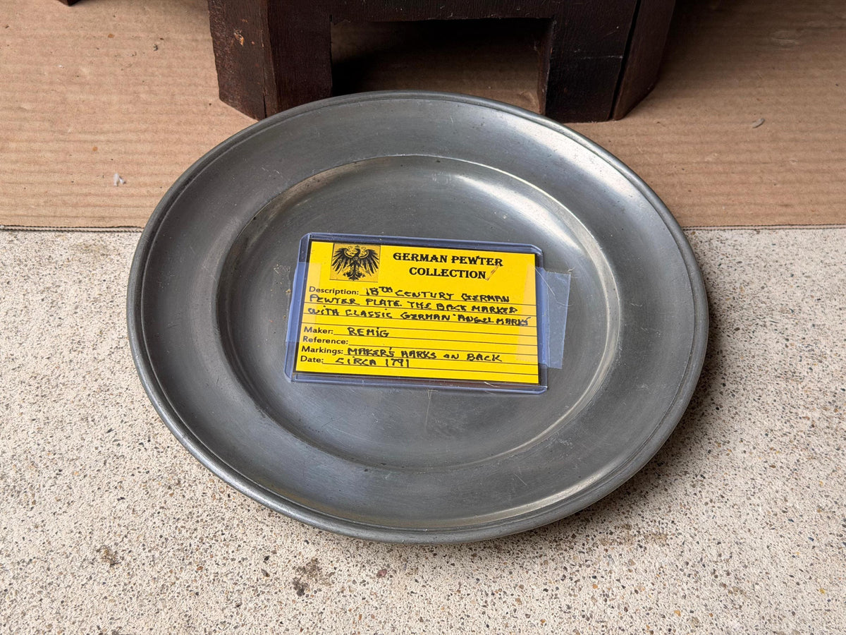 Antique 18thC German Pewter Plate Remig 1791 Angel Touchmarks Dish 8.8in