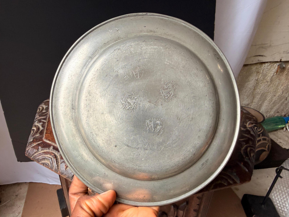 Antique 18thC German Pewter Plate Remig 1791 Angel Touchmarks Dish 8.8in