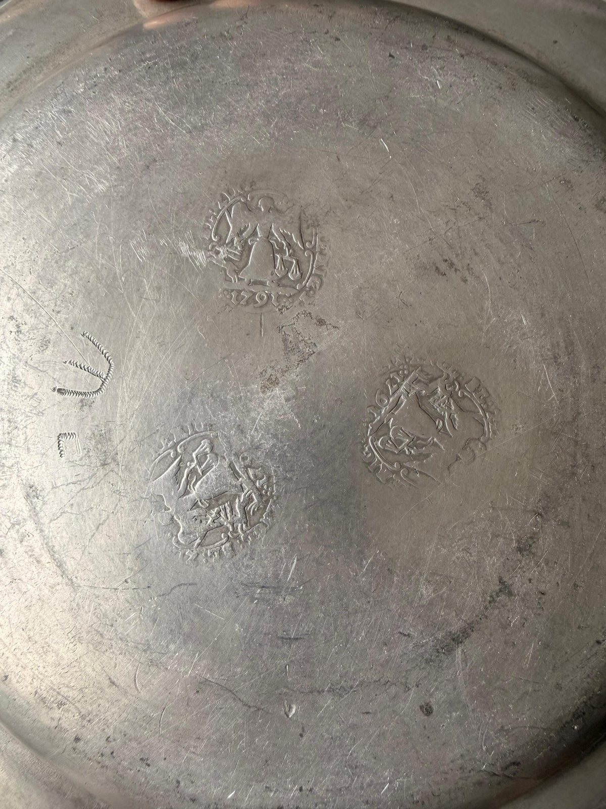 Antique 18thC German Pewter Plate Remig 1791 Angel Touchmarks Dish 8.8in