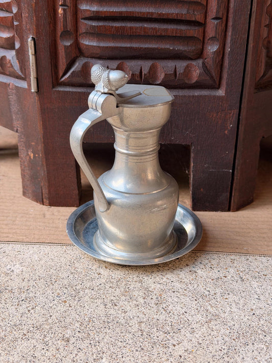 Vintage Pewter Pitcher Flagon Tray Set Acorn Finial Angel Touchmark 5.3in