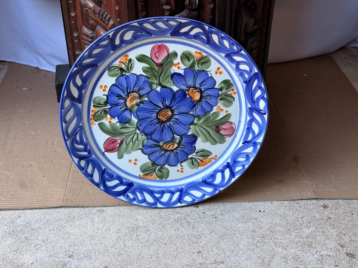 Vintage Hand Painted Majolica Ceramic Wall Plate Charger Blue Floral Motif 14"
