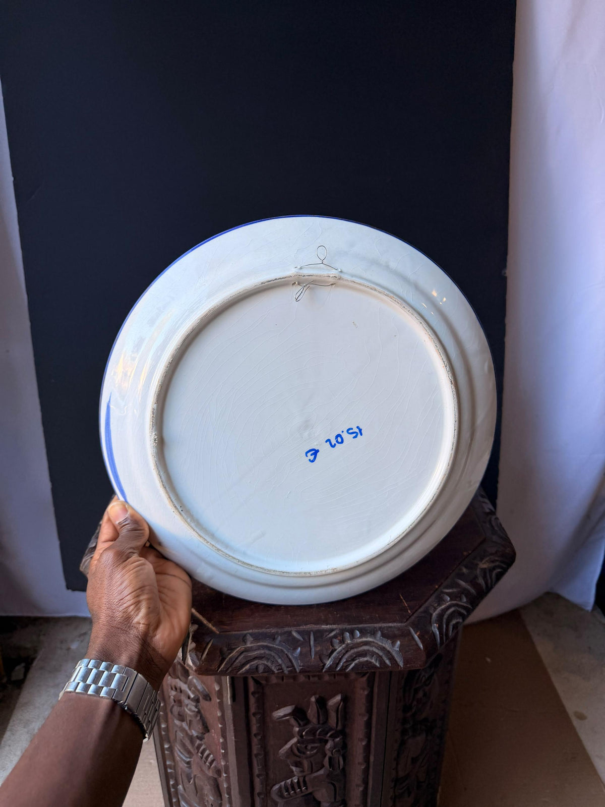 Vintage Hand Painted Majolica Ceramic Wall Plate Charger Blue Floral Motif 14"