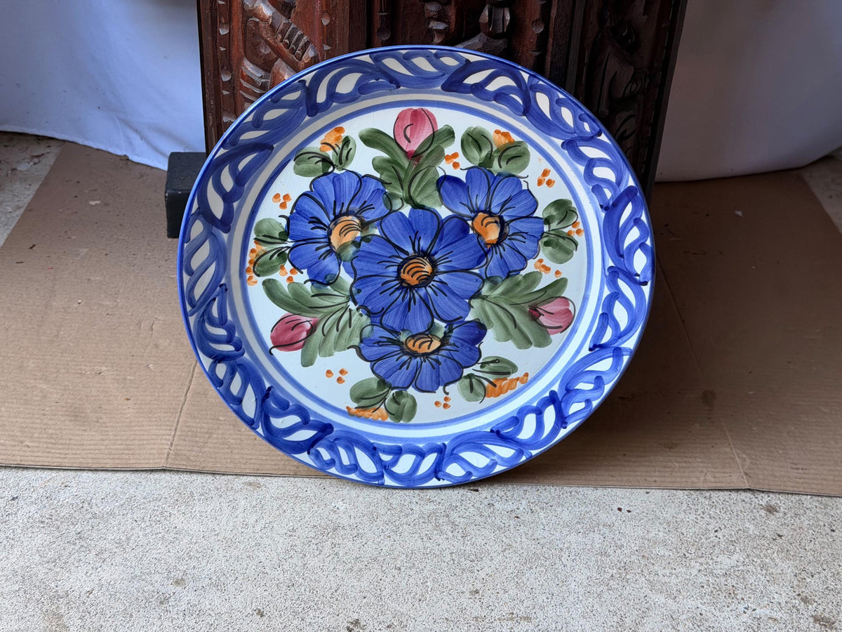 Vintage Hand Painted Majolica Ceramic Wall Plate Charger Blue Floral Motif 14"