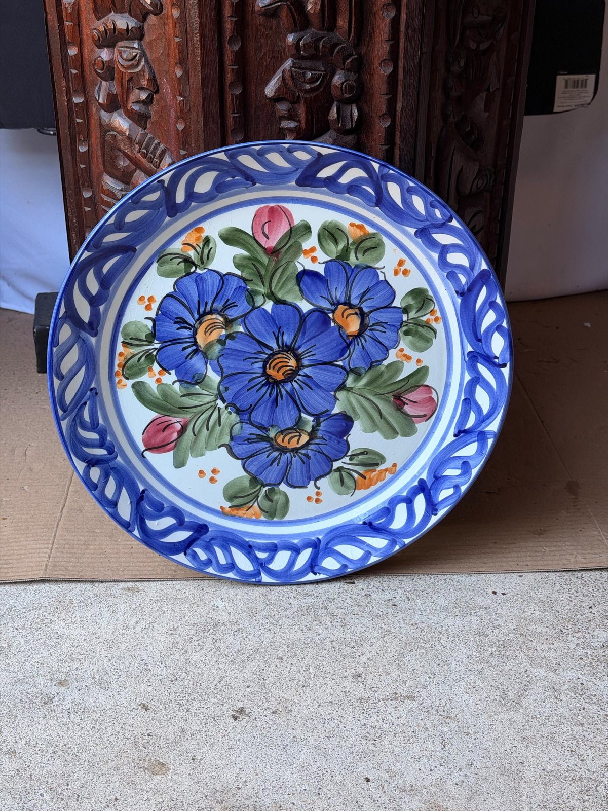 Vintage Hand Painted Majolica Ceramic Wall Plate Charger Blue Floral Motif 14"