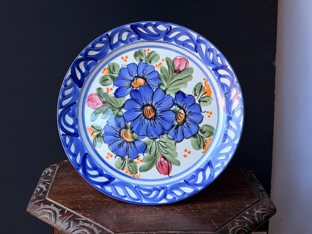 Vintage Hand Painted Majolica Ceramic Wall Plate Charger Blue Floral Motif 14"