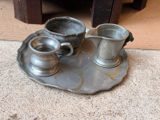 Vintage Pewter Measuring Cup Set Graduated Pitcher Mug Tray 4-Piece French