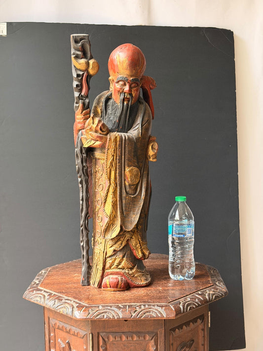 Vintage Carved Wood Shou Lao Longevity Deity Statue East Asian Folk Art 22.5"