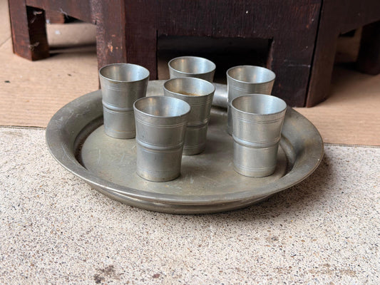Vintage Pewter Cordial Set 6 Shot Cups Tray French Country Tavern Barware 7"