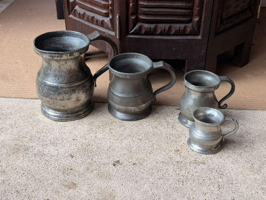 Antique James Yates Victorian Pewter Measure Set 4 Graduated Ale Pint
