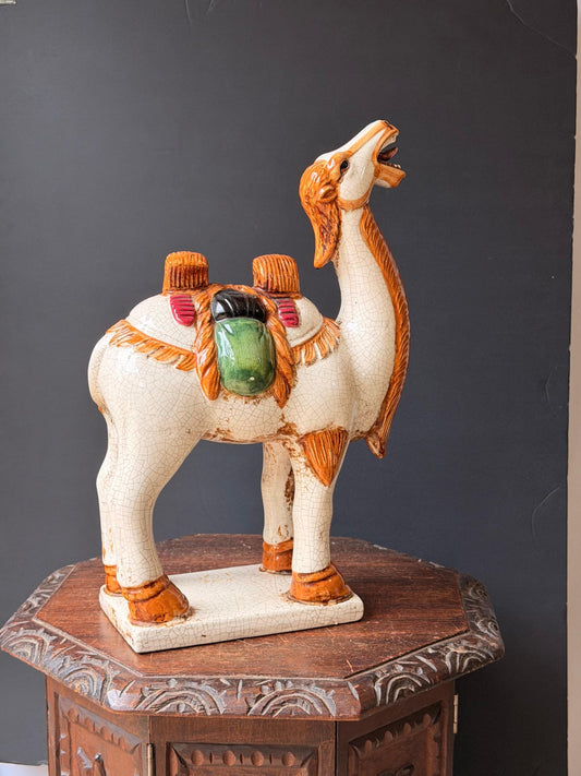 Vintage Tang Style Glazed Ceramic Camel Statue Silk Road Sancai Crackle 18.5"