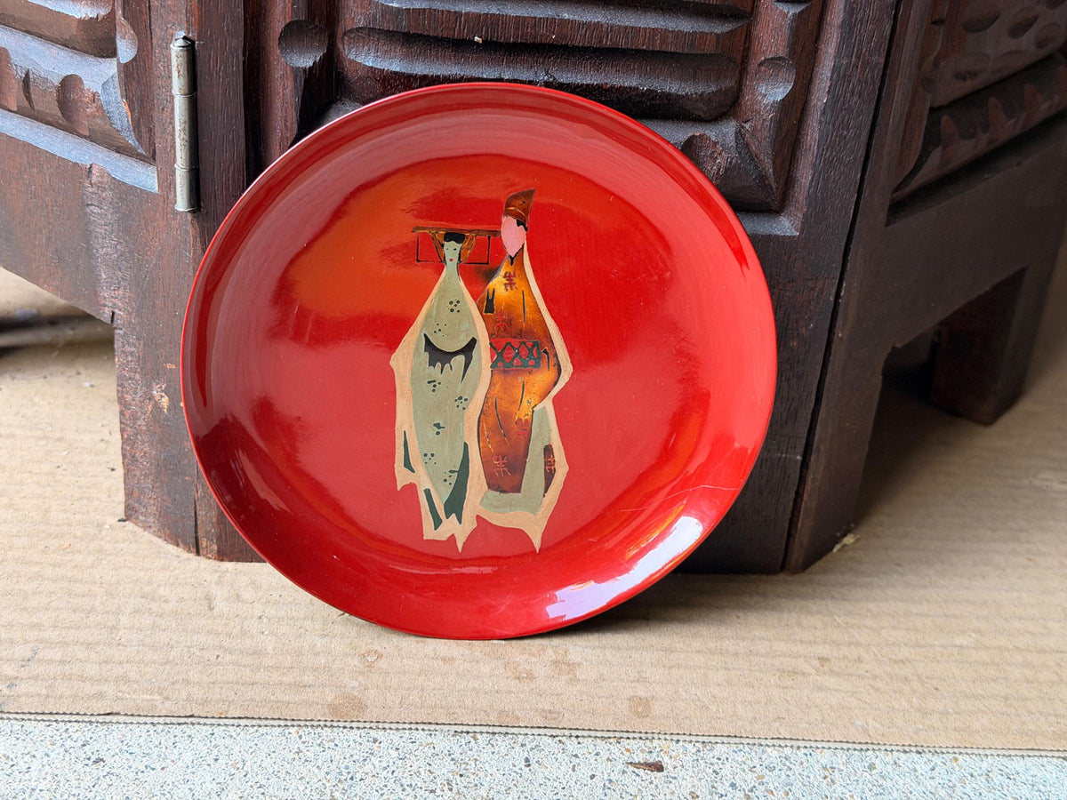 Vintage Vietnamese Lacquer Dish Tranha Red Figure Mid Century 5.5 Saucer