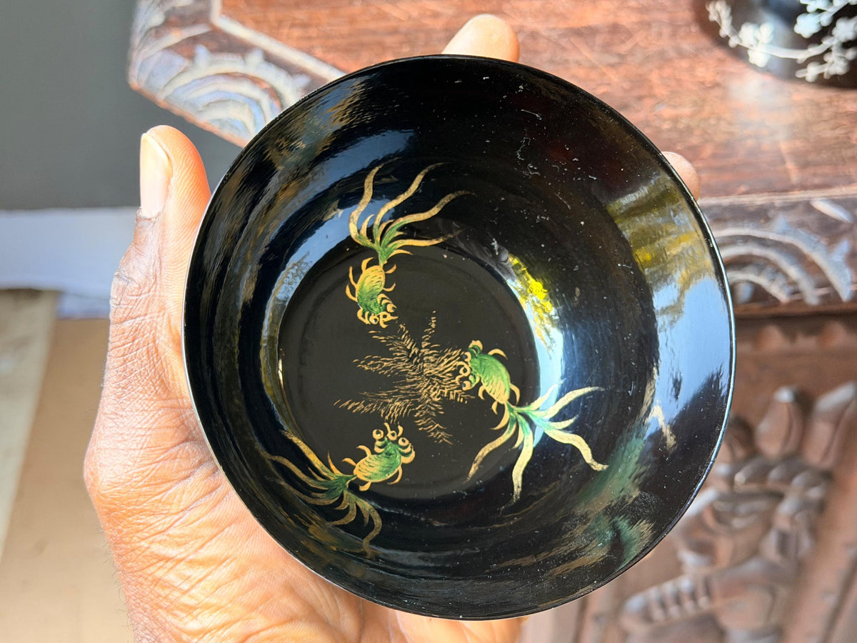 Vintage Chinese Lacquer Bowl Pair Black Silver Chrysanthemum Goldfish 4.5