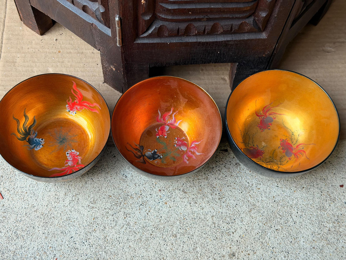Vintage Foochow Lacquer Bowl Set 3 Chinese Goldfish Dragon Landscape 4.5