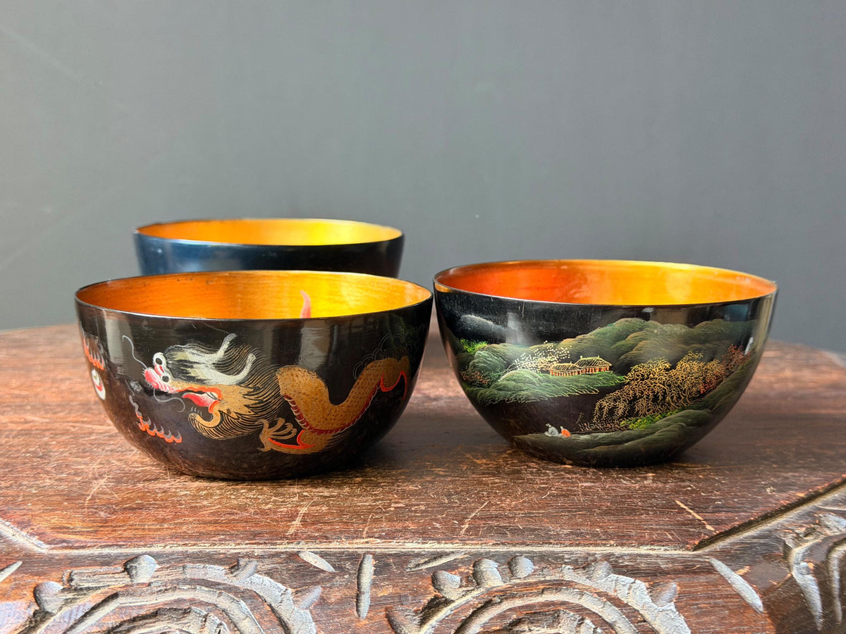 Vintage Foochow Lacquer Bowl Set 3 Chinese Goldfish Dragon Landscape 4.5
