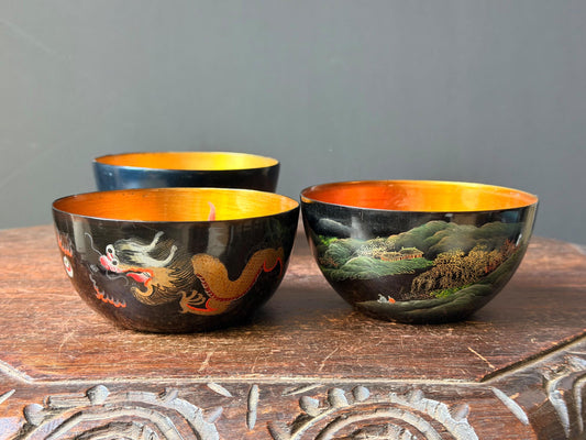 Vintage Foochow Lacquer Bowl Set 3 Chinese Goldfish Dragon Landscape 4.5