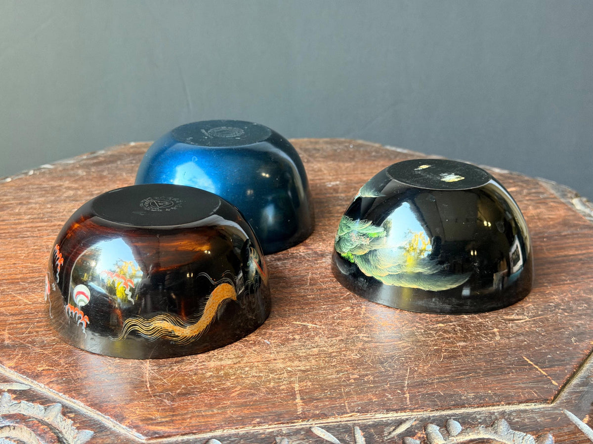 Vintage Foochow Lacquer Bowl Set 3 Chinese Goldfish Dragon Landscape 4.5