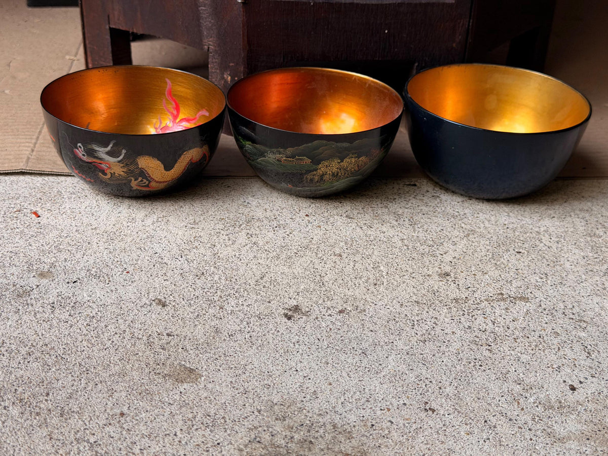Vintage Foochow Lacquer Bowl Set 3 Chinese Goldfish Dragon Landscape 4.5