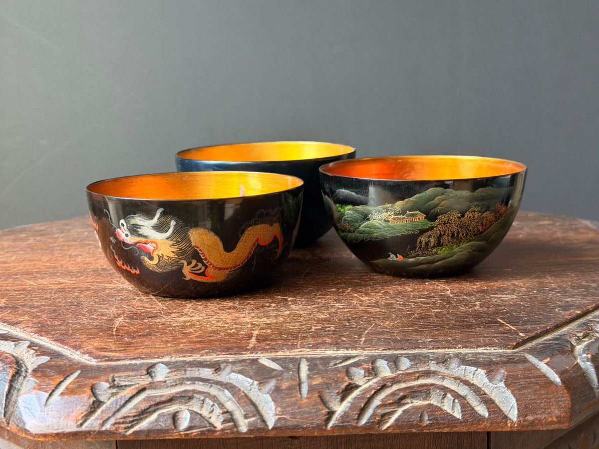 Vintage Foochow Lacquer Bowl Set 3 Chinese Goldfish Dragon Landscape 4.5