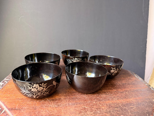 Vintage Shen Shao An Ox Horn Goldfish Bowls Set of 5 Gilded Floral Etched 4.5"
