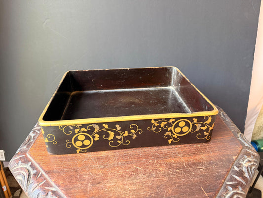 Vintage Japanese Gold Maki-e Lacquer Tray Kamon Crest Midarebako Box 13"