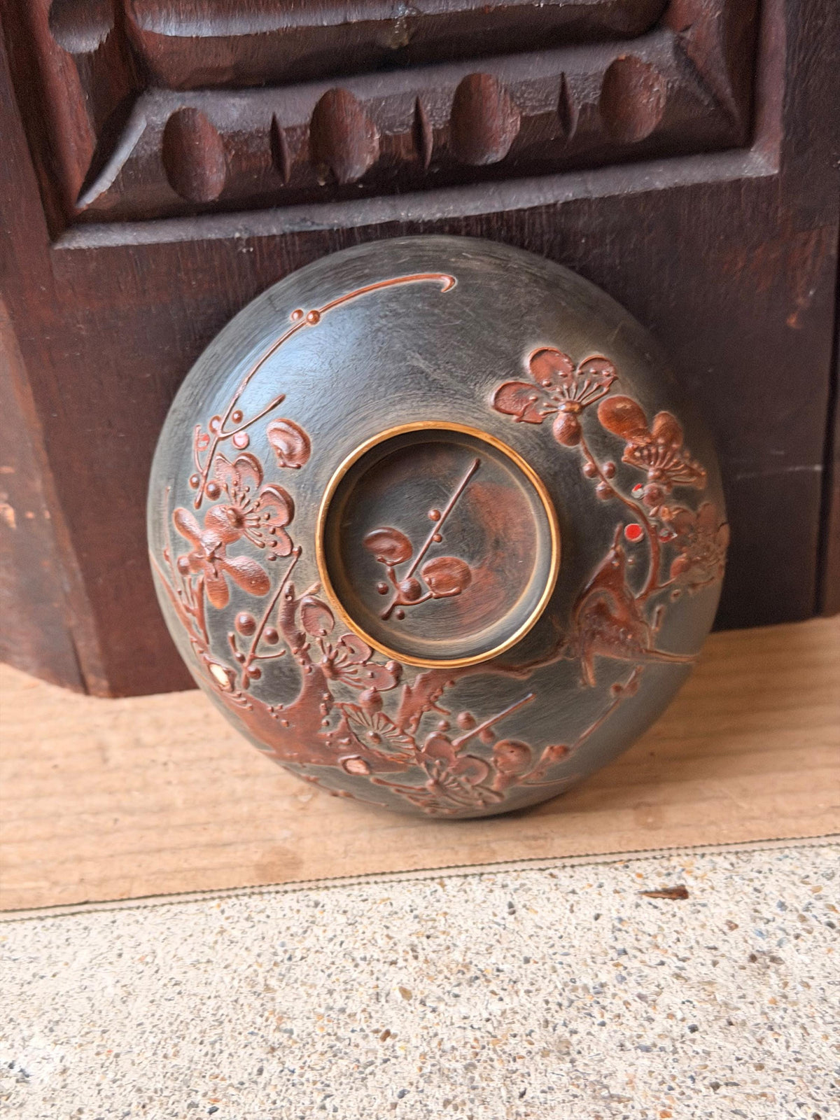 Vintage Red Lacquer Sake Cup Mt Fuji Maki e Relief Plum Blossom 4.2 Dish