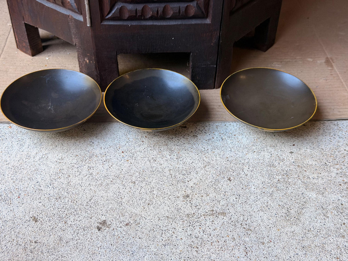 Vintage Japanese Maki-e Lacquerware Dishes Set 3 Crane Pine Gold 4.6"