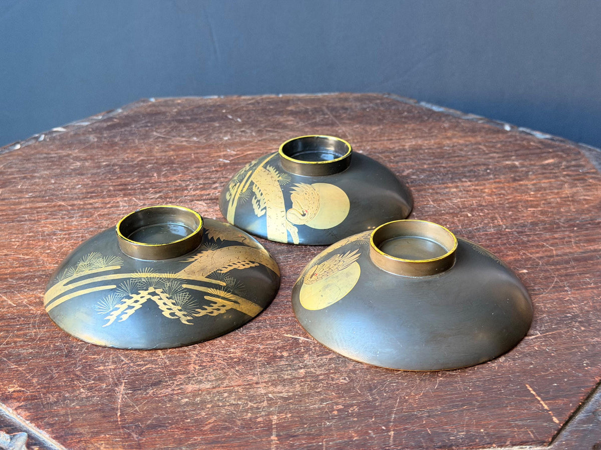 Vintage Japanese Maki-e Lacquerware Dishes Set 3 Crane Pine Gold 4.6"