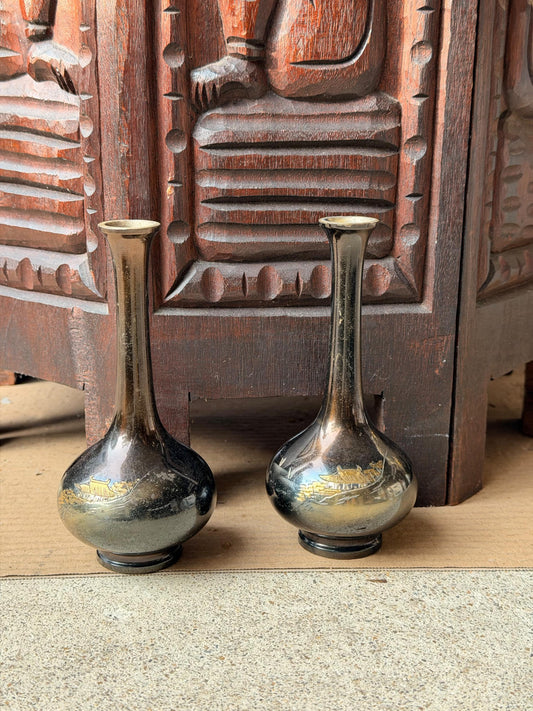 Vintage Japanese Bronze Vases Pair Damascene Gold Pagoda Crane Neck 5.8"