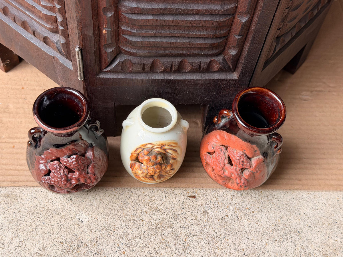 Vintage Japanese Pottery Miniature Vase Set 3 Carved Relief Pine Landscape MCM
