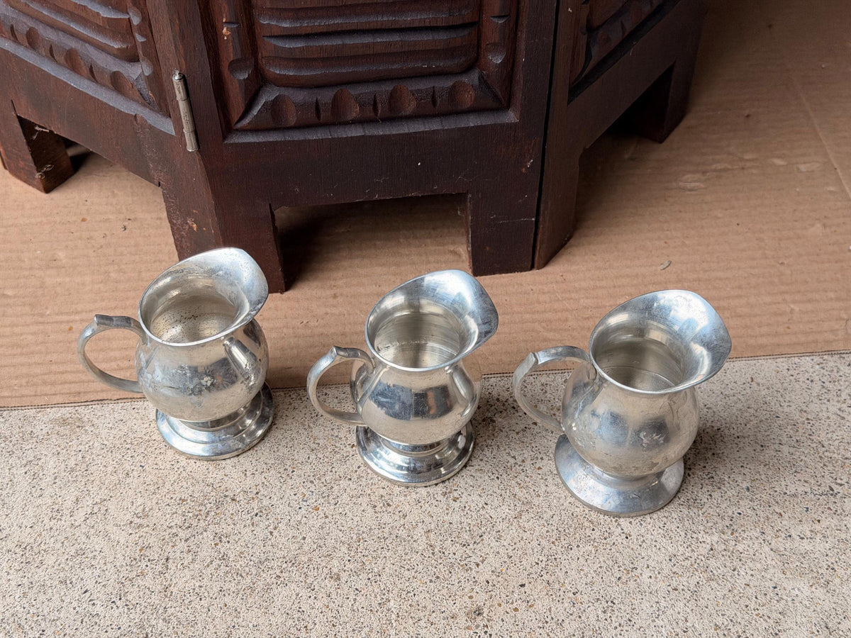 Vintage Pewter Mini Pitcher Trio Set of 3 Individual Creamers Footed 3.5"