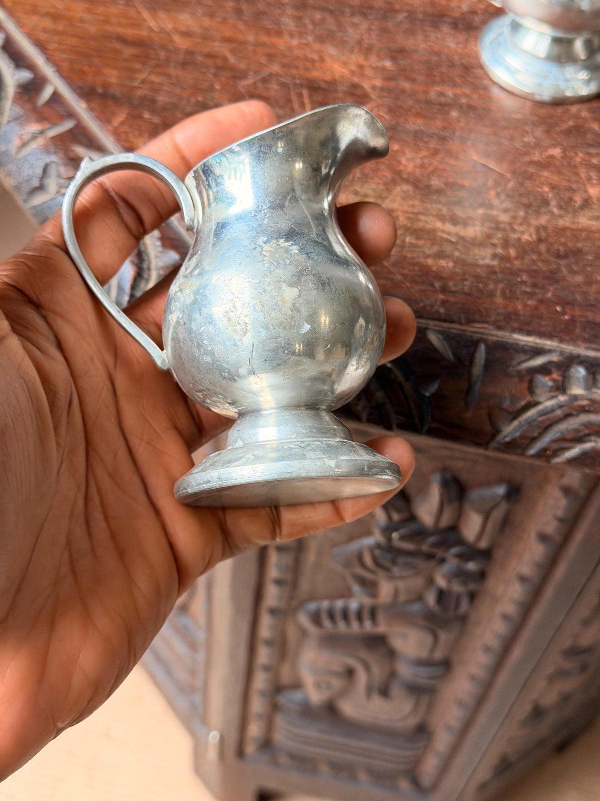 Vintage Pewter Mini Pitcher Trio Set of 3 Individual Creamers Footed 3.5"