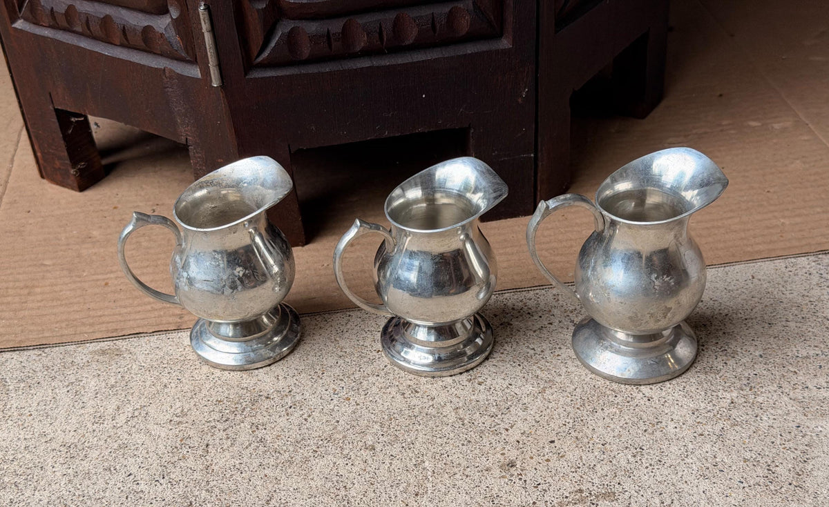 Vintage Pewter Mini Pitcher Trio Set of 3 Individual Creamers Footed 3.5"