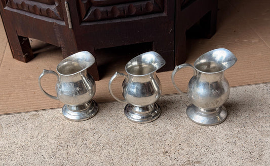 Vintage Pewter Mini Pitcher Trio Set of 3 Individual Creamers Footed 3.5"