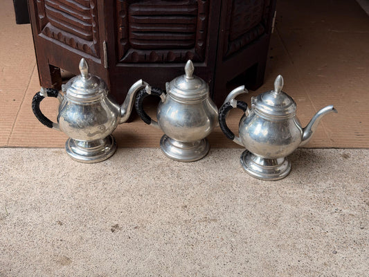 Vintage Banka Tin Pewter Teapot Trio John Wus Indonesia Wrapped Handle 6"