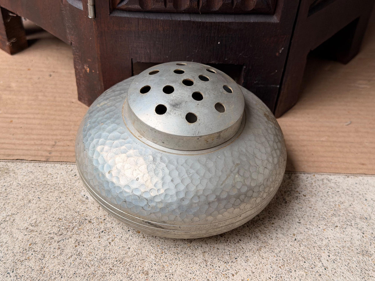 Vintage Hand Hammered Pewter Flower Frog Vessel Potpourri Jar 6.5 in