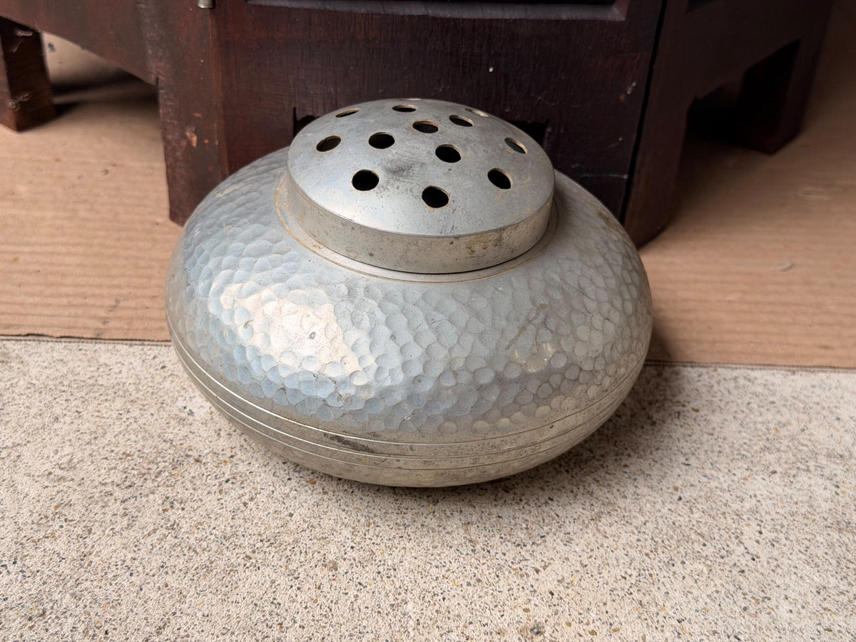 Vintage Hand Hammered Pewter Flower Frog Vessel Potpourri Jar 6.5 in