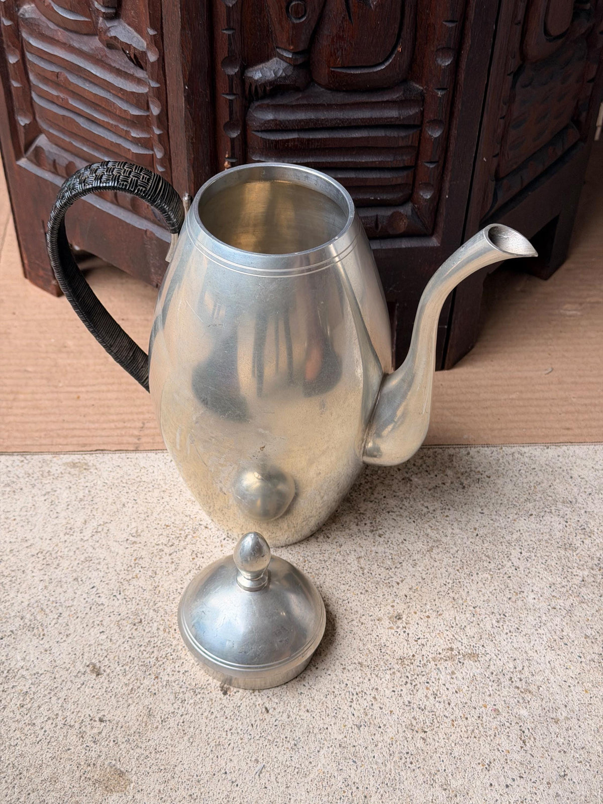 Vintage Mid Century Bangka Tin Pewter Teapot Coffee Pitcher Woven Handle 10 in